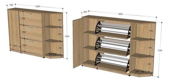 Tủ để giày có 3 cánh lật kết hợp các đợt (kệ) trang trí và 1 cánh mở